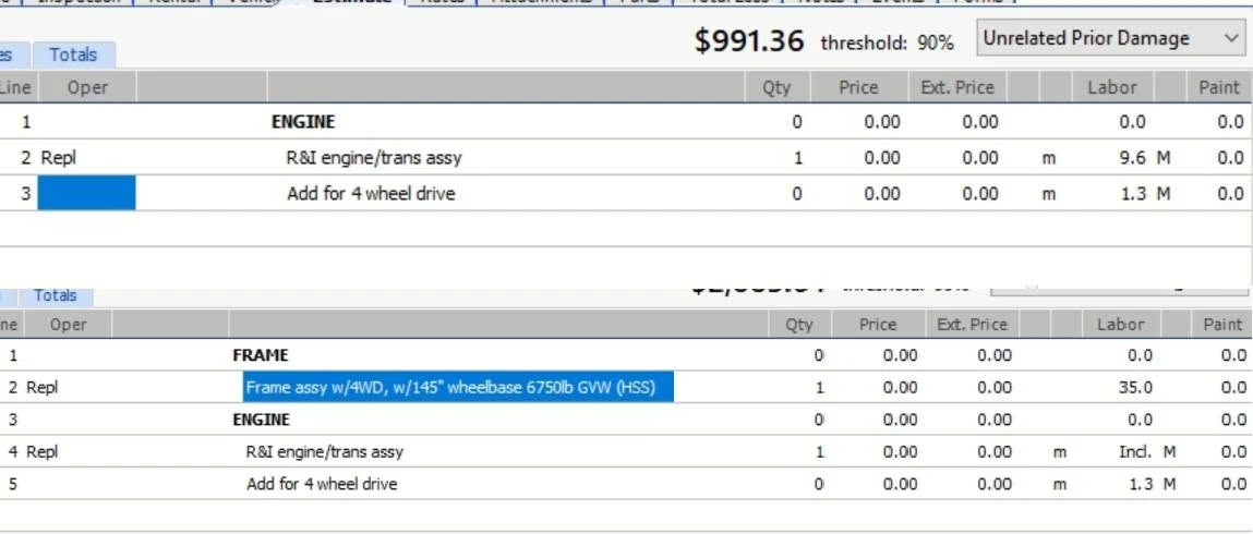 Two CCC ONE estimate excerpts for a 2016 F-150: the engine and transmission R&I at 9.6 mechanical hours, then the same line marked Included after a 35-hour body frame replacement is added