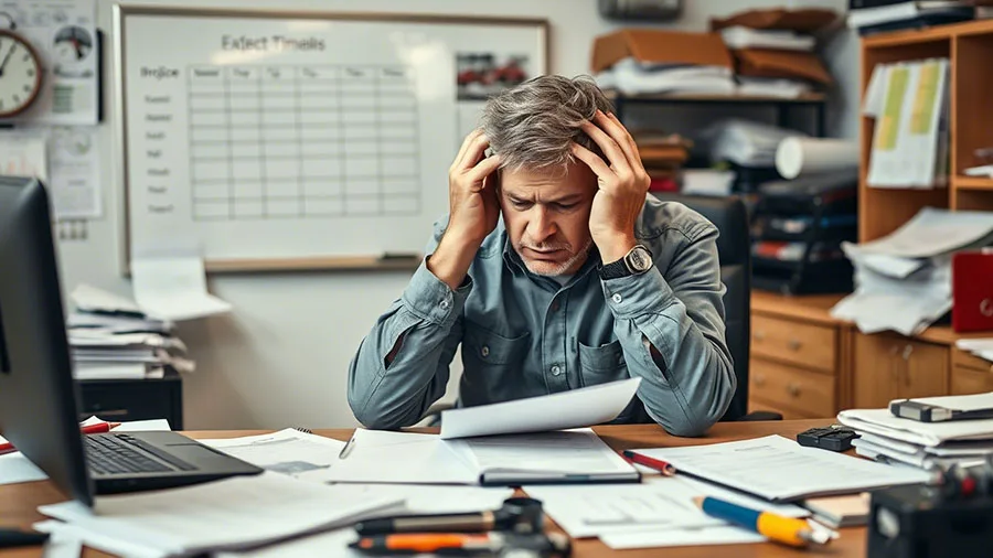 Frustrated auto shop manager reviewing invoices