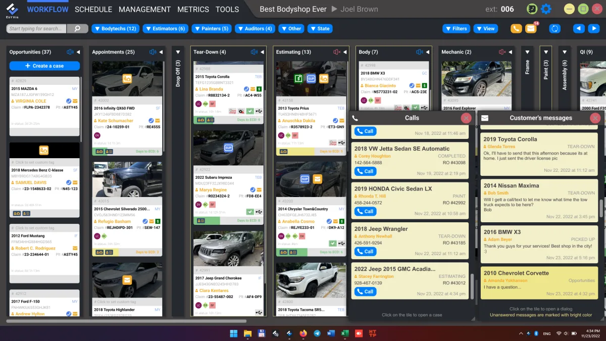 EstVis case detail with the customer messaging thread and the bucket-triggered notification history