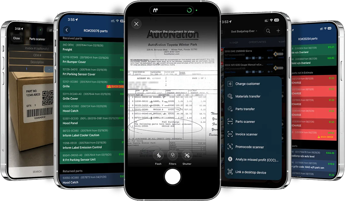 The EstVis Mobile Client: the parts scanner, a case parts list color-coded by ordering status, the invoice scanner and the tools menu